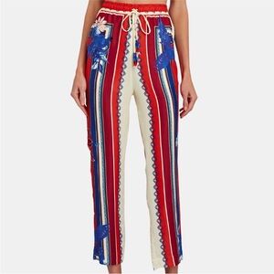 FARM Rio Red, Cream & Blue Striped Floral Drawstring Wide-Leg Pants